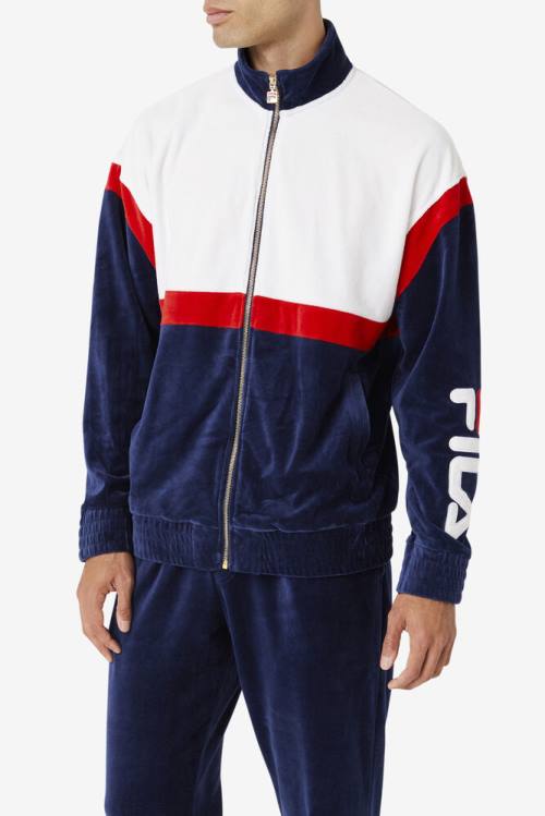 Chaquetas Fila Mansur Velour Hombre Azul Marino Blancas Rojas | Fila103BV