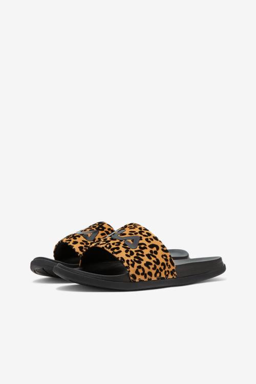 Sandalias de Diapositivas Fila Drifter Luxe Wild Mujer Negras Leopardo | Fila479IE