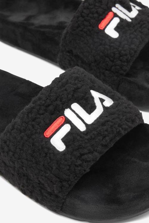 Sandalias de Diapositivas Fila Fuzzy Drifter Mujer Negras Rojas Blancas | Fila450JO