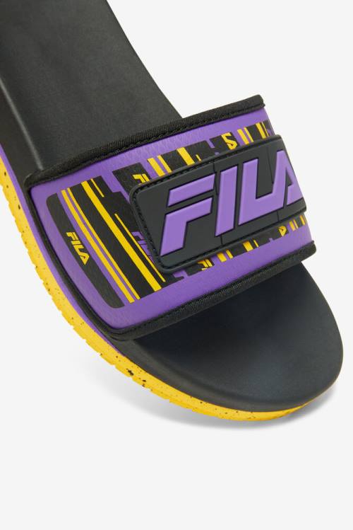 Sandalias de Diapositivas Fila Lunar Hombre Negras Doradas Moradas | Fila586ZP